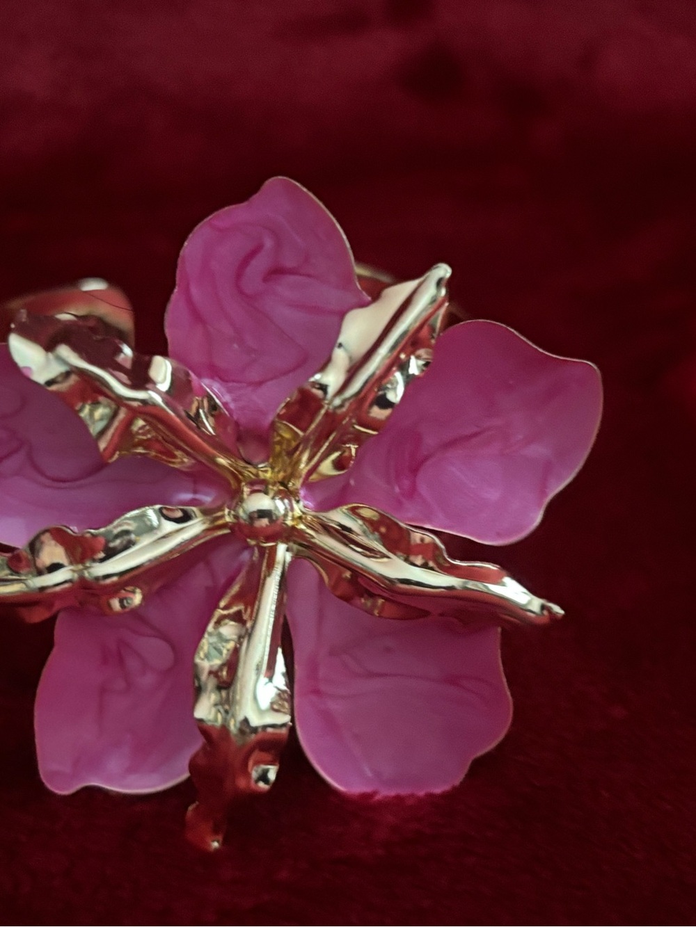 Pink Floral Statement Bracelet  with Gold Tone Accents